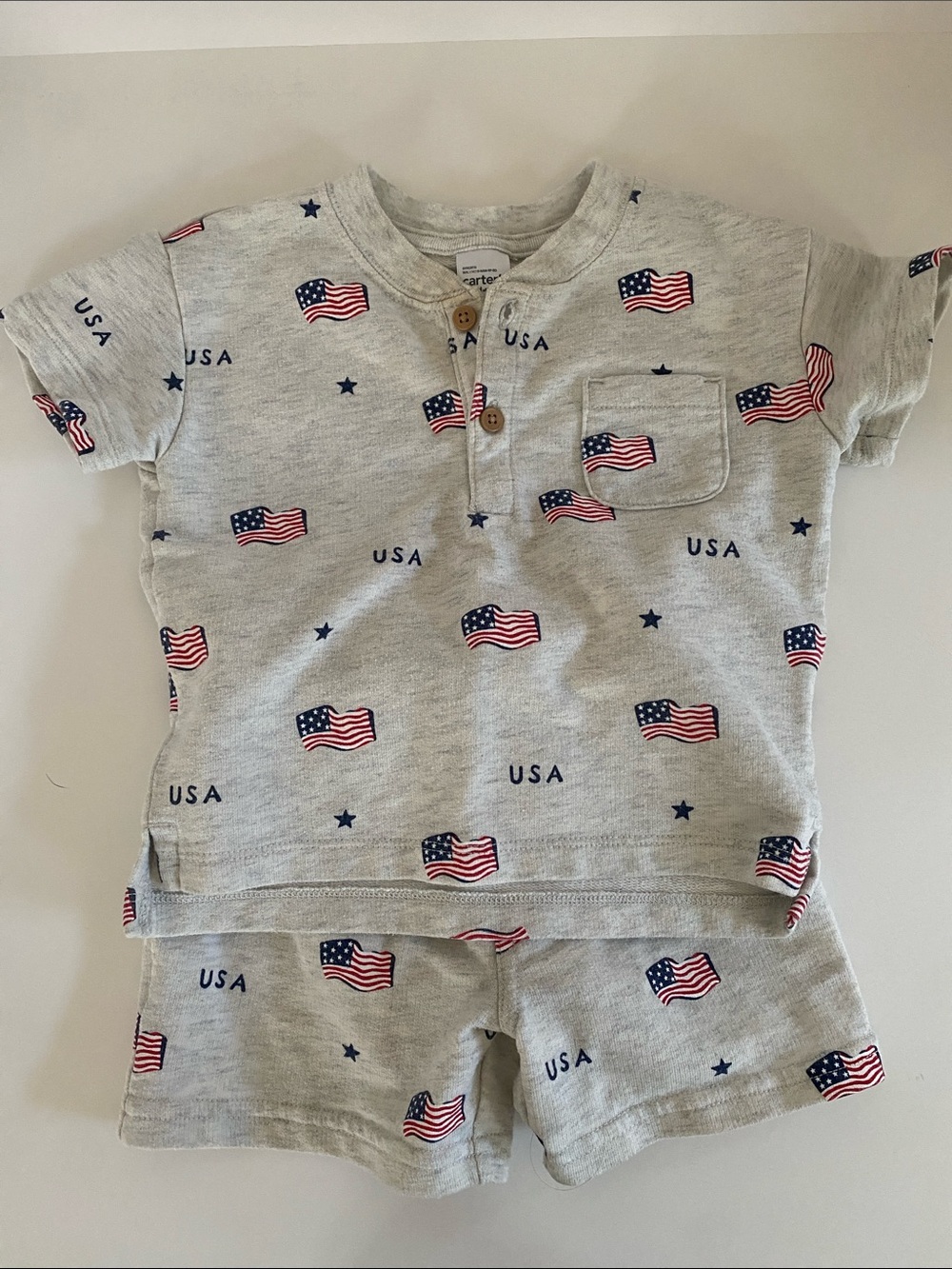 Carter's Gray Short Sleeve Henley with Red White Blue Flag Print